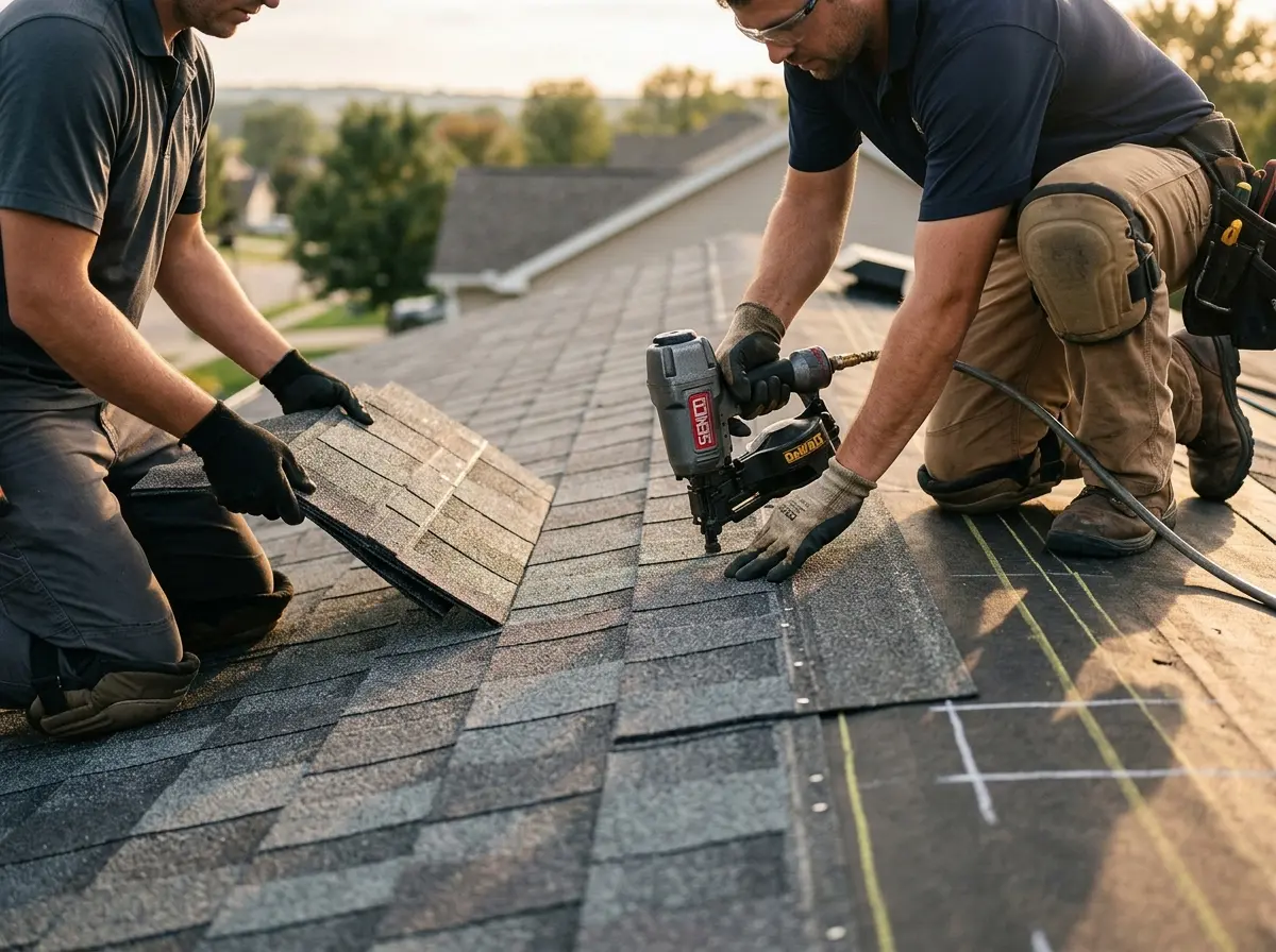 Professional roofer working on a residential roof in Hollymead